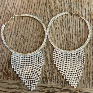 Huge Hoop Earrings Gold Rhinestone Dangles Hinge Back STATEMENT